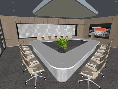 Modern Conference Room with Geometric Wall Irregular Table Rolling Chairs Green Plant and Digital 3d model