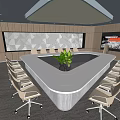 Modern Conference Room with Geometric Wall Irregular Table Rolling Chairs Green Plant and Digital
