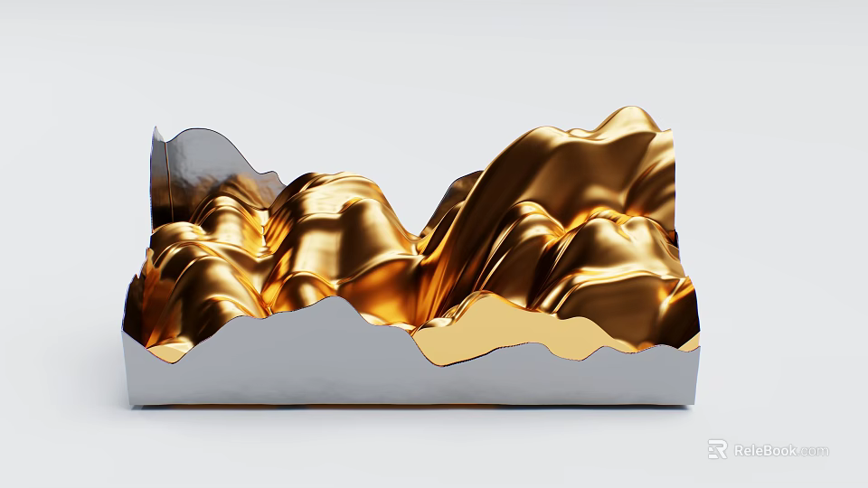 Modern Art Installation With Gold Silver Wavy Texture On Gray Base 3d model 
