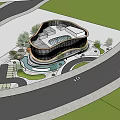 Modern Sales Office Building With Wavy Wooden Structure Large Glass Panels And Plaza Greenery