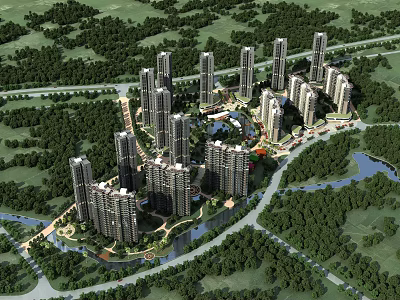 Scenic Modern Residential Community Buildings Surrounded by Greenery River and Roads 3d model