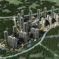 Scenic Modern Residential Community Buildings Surrounded by Greenery River and Roads