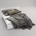 Modern Double Bed With White Frame Brown Gray Pillows And Striped Blankets 3d model