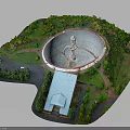 Radio Telescope Model With Circular Dish Surrounded By Greenery Paths And Small Building