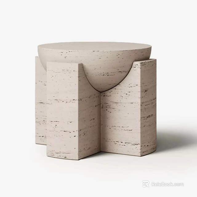 Minimalist Modern Textured Stone Side Table With Geometric Column Support Base 3d model 