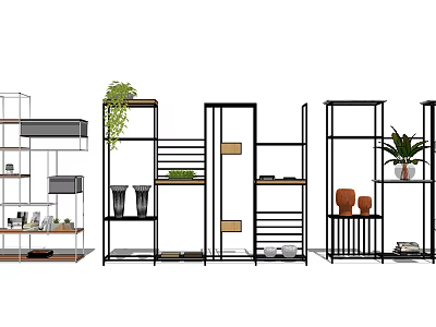 Modern Storage Shelving Units With Metal Frames Wooden Shelves And Decorative Plants 3d model