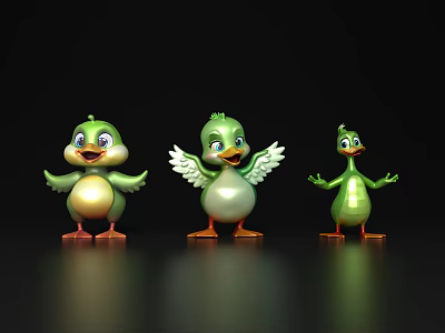 Three Cute Green Cartoon Aquatic Duck Characters With Yellow Bellies Orange Feet And Reflections 3d model
