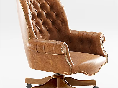 Brown Leather Tufted Leisure Chair With Brass Nailheads And Wooden Base 3d model