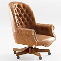 Brown Leather Tufted Leisure Chair With Brass Nailheads And Wooden Base