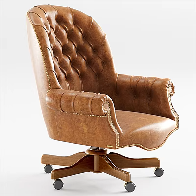 Brown Leather Tufted Leisure Chair With Brass Nailheads And Wooden Base 3d model
