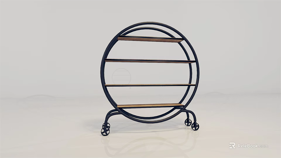 Modern Round Bookcase With Black Metal Frame Wooden Shelves And Wheels 3d model 