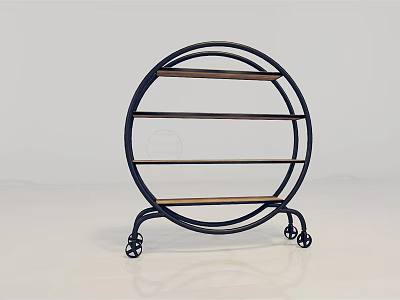 Modern Round Bookcase With Black Metal Frame Wooden Shelves And Wheels 3d model