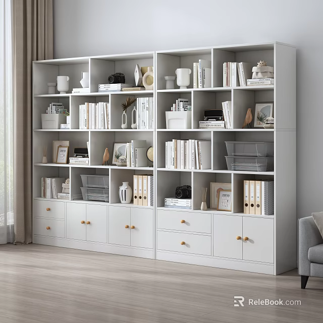 White Modern Storage Bookcase with Multi Compartments Drawers and Decorative Items Books Photo Frames 3d model 