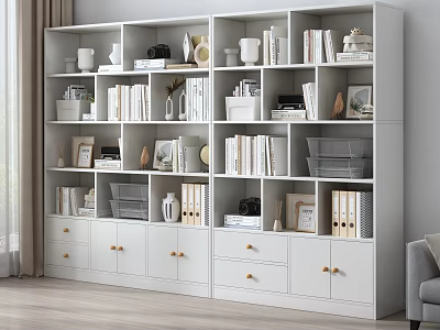 White Modern Storage Bookcase with Multi Compartments Drawers and Decorative Items Books Photo Frames 3d model