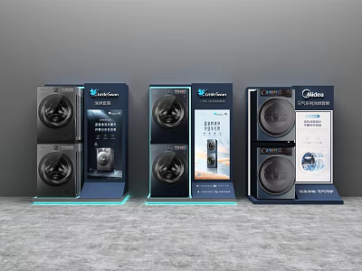 Three Modern Washing Machines On Display Stands With Blue Lighting And Info Panels 3d model