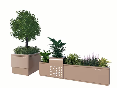 Modern Tree Planter Design With Green Tree Various Plants And Perforated Geometric Details 3d model