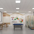 Traditional Cultural Activity Room Interior With Wooden Tables Bookshelves And Digital Screen