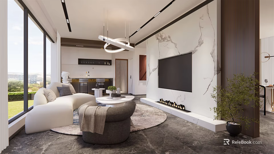 Modern Hotel Guest Room With Marble Wall Large Screen TV White Sofa Fireplace And Chandelier 3d model 