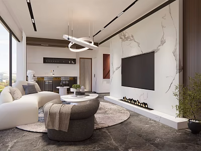 Modern Hotel Guest Room With Marble Wall Large Screen TV White Sofa Fireplace And Chandelier 3d model