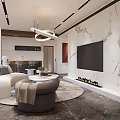 Modern Hotel Guest Room With Marble Wall Large Screen TV White Sofa Fireplace And Chandelier