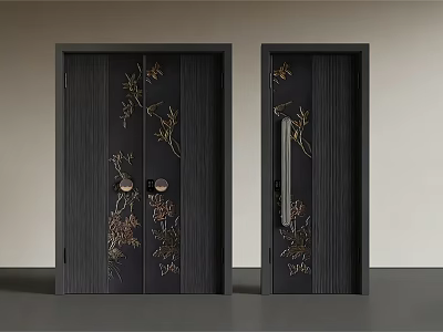 Elegant Black Double Doors Featuring Golden Floral Patterns And Traditional Design 3d model