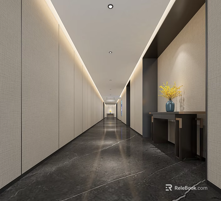Modern Office Corridor with Light Walls Dark Marble Flooring Console Table Blue Vase Yellow Flowers 3d model 