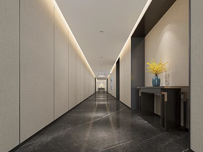 Modern Office Corridor with Light Walls Dark Marble Flooring Console Table Blue Vase Yellow Flowers 3d model