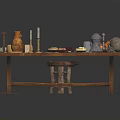 Wooden Dining Table With Food Platters Bottles And Decorative Items On Patterned Rug