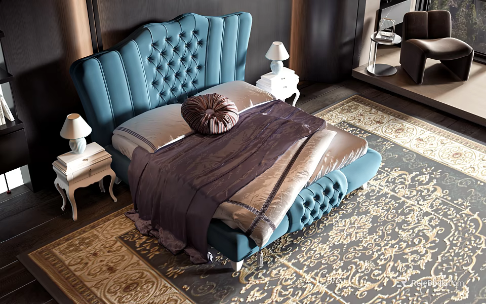 Blue Tufted Upholstered Double Bed With High Back Nightstands Lamps Purple Blanket And Patterned Rug 3d model 
