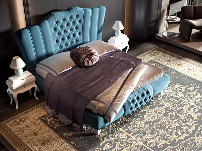 Blue Tufted Upholstered Double Bed With High Back Nightstands Lamps Purple Blanket And Patterned Rug 3d model