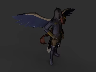 Detailed Fantasy Flying Creature With Dark Feathered Wings And Armor 3d model