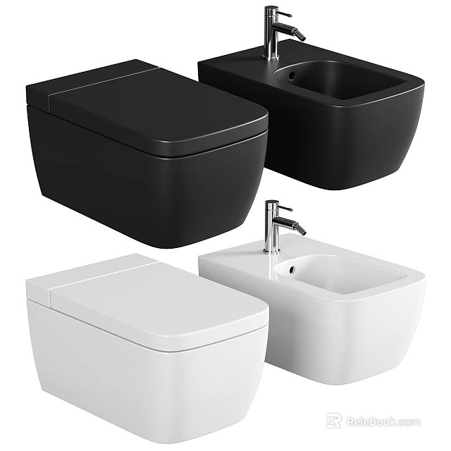 Modern Black and White Toilet Models with Sleek Wall Hung Design Features 3d model 