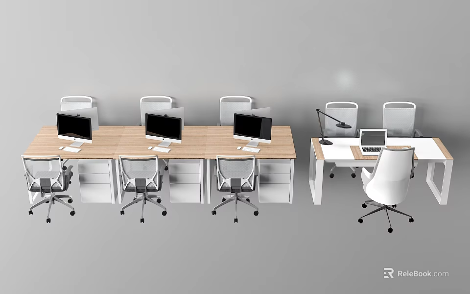Modern Office Desk Setup With Wooden Tops Computer Monitors And Ergonomic White Chairs 3d model 