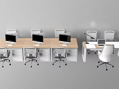 Modern Office Desk Setup With Wooden Tops Computer Monitors And Ergonomic White Chairs 3d model