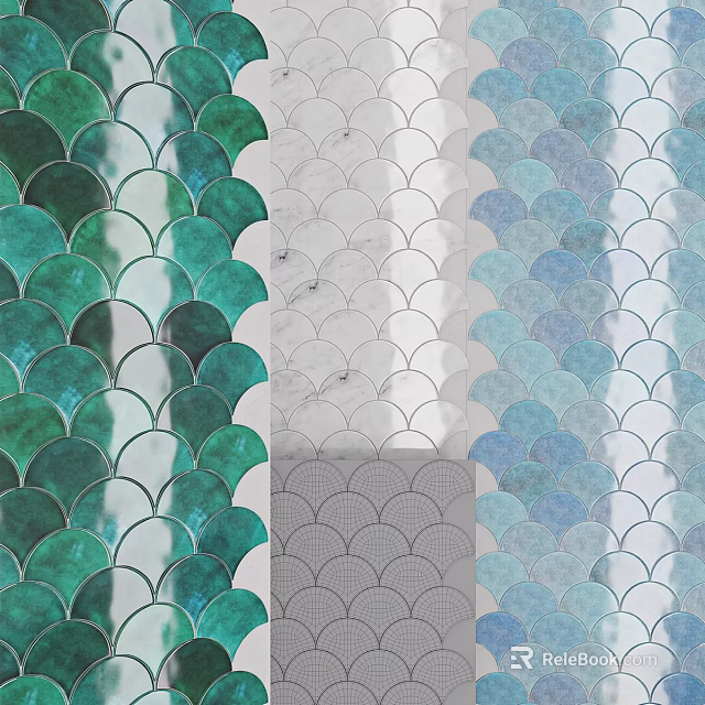 Colorful Scallop Pattern Floor Tiles With Green White And Blue Decor Designs 3d model 