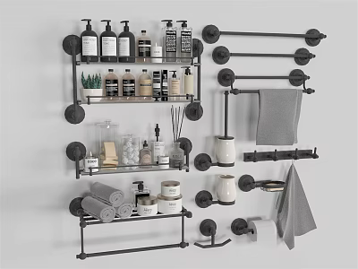 Essential Bathroom Accessories With Towel Racks Shelves Bath Bottles And Towels 3d model