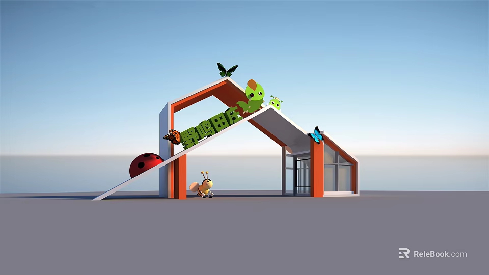 Colorful Orange Entrance Gate Featuring Butterflies Ladybug Snail and Rural Design 3d model 