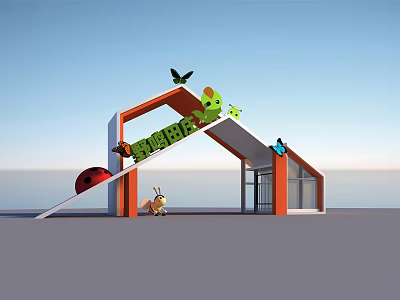 Colorful Orange Entrance Gate Featuring Butterflies Ladybug Snail and Rural Design 3d model