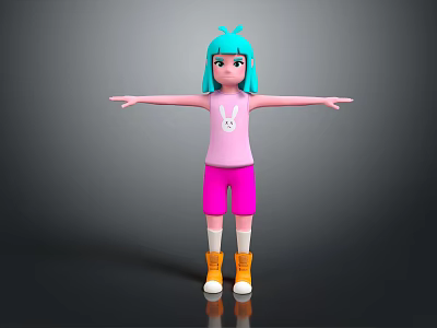 Playful 3D Character with Blue Green Hair Pink Vest Rabbit Design Arms Outstretched Pink Shorts 3d model