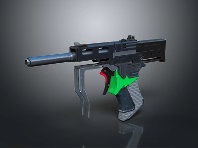 Modern Pistol Weapon With Black Body Green Red Grip And Silver Barrel Design 3d model