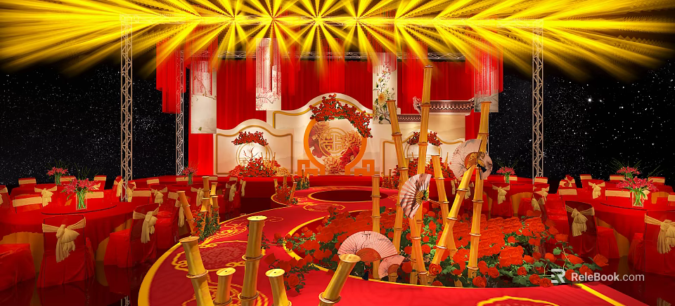 Chinese Wedding Banquet Hall With Red Gold Decor Bamboo Flower And Lanterns 3d model 