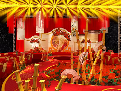 Chinese Wedding Banquet Hall With Red Gold Decor Bamboo Flower And Lanterns 3d model