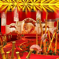 Chinese Wedding Banquet Hall With Red Gold Decor Bamboo Flower And Lanterns