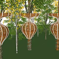 Artistic Tree Shaped Structures With Wooden Frames And White Lines Amid Green Trees 3d model
