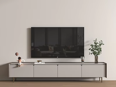 TV Mounted Above Light Gray TV Stand with Decorative Items Books and Potted Plant 3d model