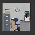 Cluttered Office Desk Workspace With Stacks Of Papers Computer Monitor Filing Cabinet And Wall Clock