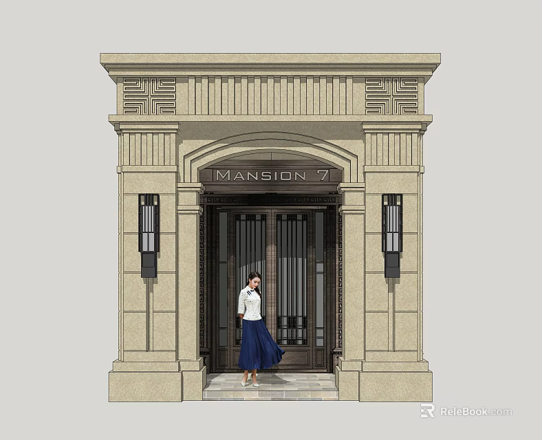 Elegant Mansion 71 Entrance Gate With Stone Exterior And Metal Doors 3d model 