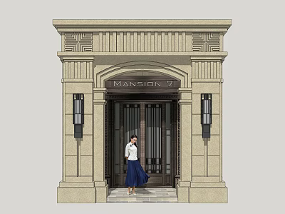 Elegant Mansion 71 Entrance Gate With Stone Exterior And Metal Doors 3d model