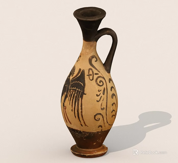 Ancient Style Ceramic Vase With Black Bird Motifs And Curved Decorative Patterns 3d model 