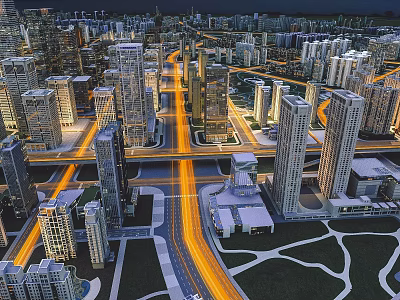 Urban Night Cityscape With Tall Buildings Intersection Roads And Traffic Light Trails 3d model